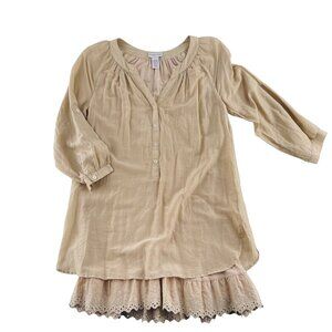Soft‎ Surroundings Beige Long Sleeve Tunic Top W/ Lace Hem XSmall Cotton Silk
